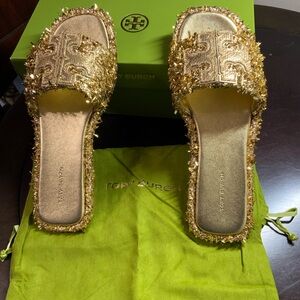 Tory Burch Metallic Gold Embellished Slide Mules